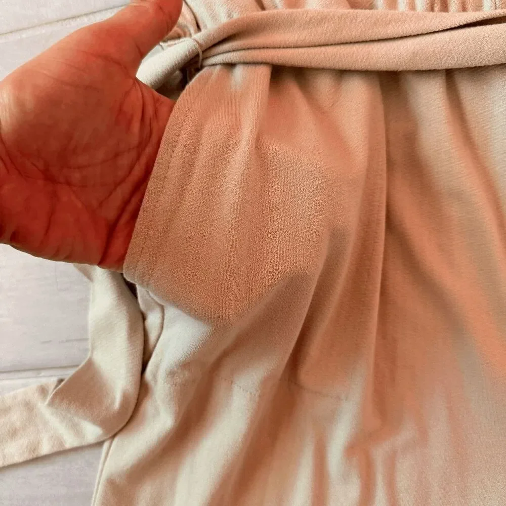AnyBody Jumpsuit Beige Short Sleeve Wide Leg Romper V Neck Wrap-Over Bodice S - Picture 5 of 8